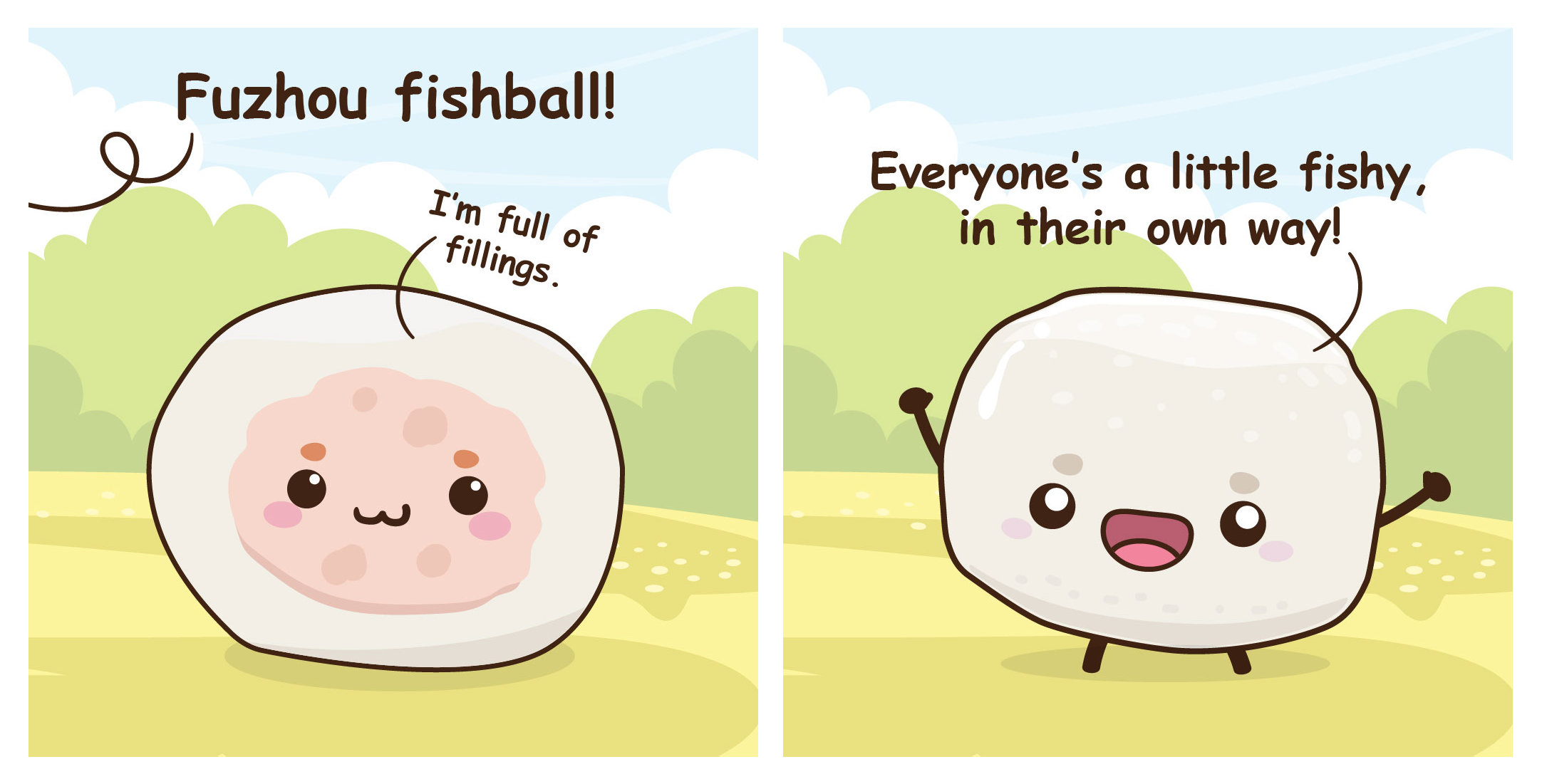 Two-panel cartoon of smiling fish balls; left shows pink filling, right waves with text about being fishy.
